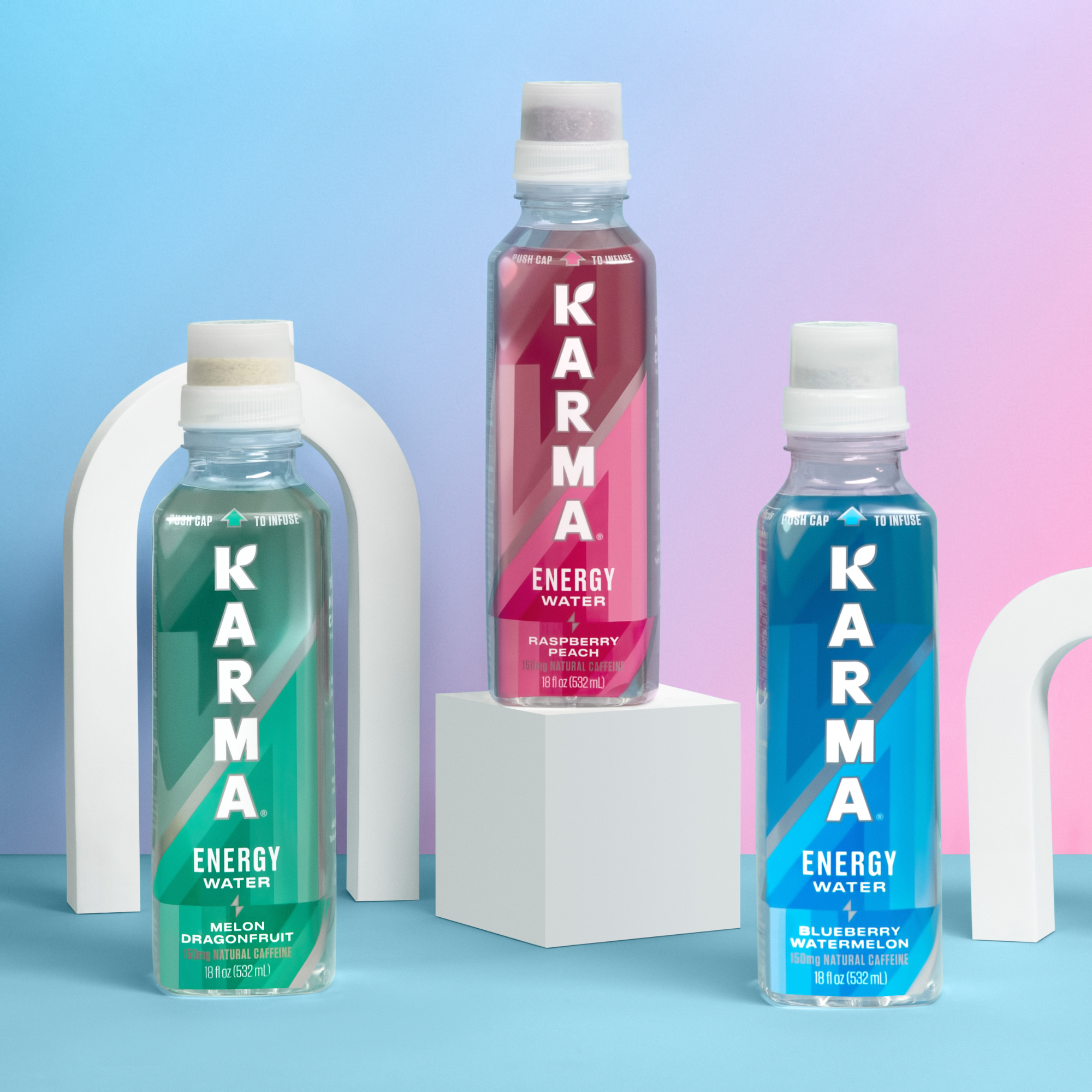 Studio shot of Karma Energy Water; Melon Dragonfruit, Raspberry Peach, and Blueberry Watermelon