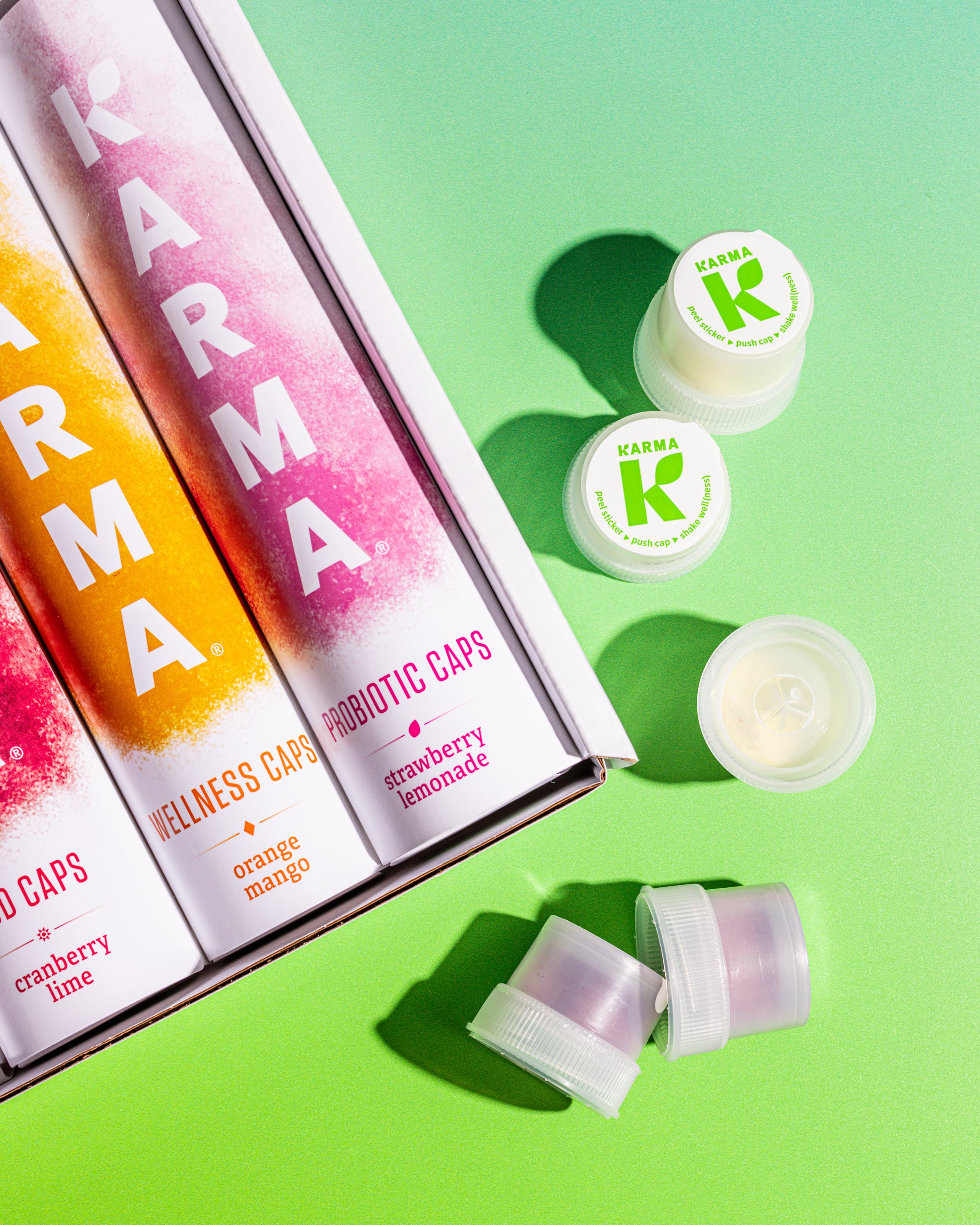 An array of Karma PushCaps with three sleeves from a Karma Hydration Kit